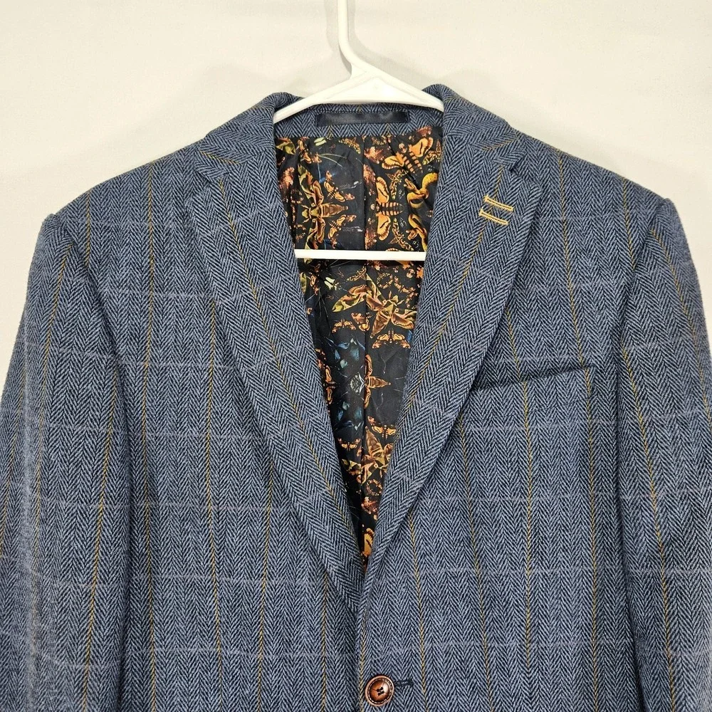 Men's Polyester Tweed Sport Coat Blazer Two Button Blue Plaid Size 36R
